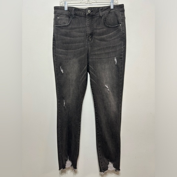 Risen High Rise Straight Leg Distressed Raw Hem Jeans - Picture 1 of 10